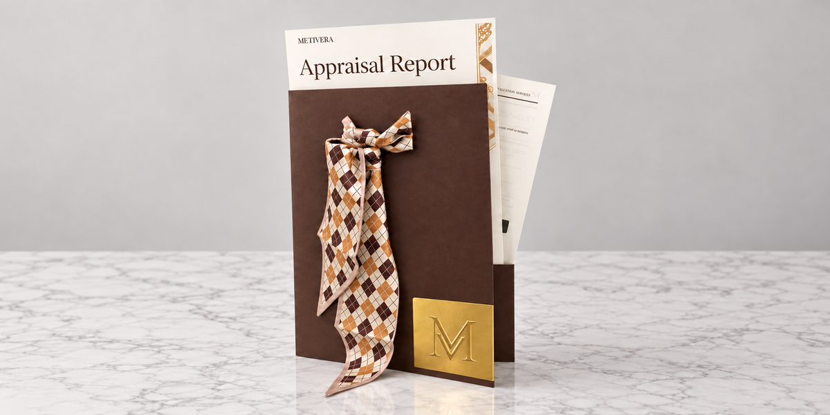 METIVERA Appraisal Report folder with a patterned twilly and gold MV foil stamp