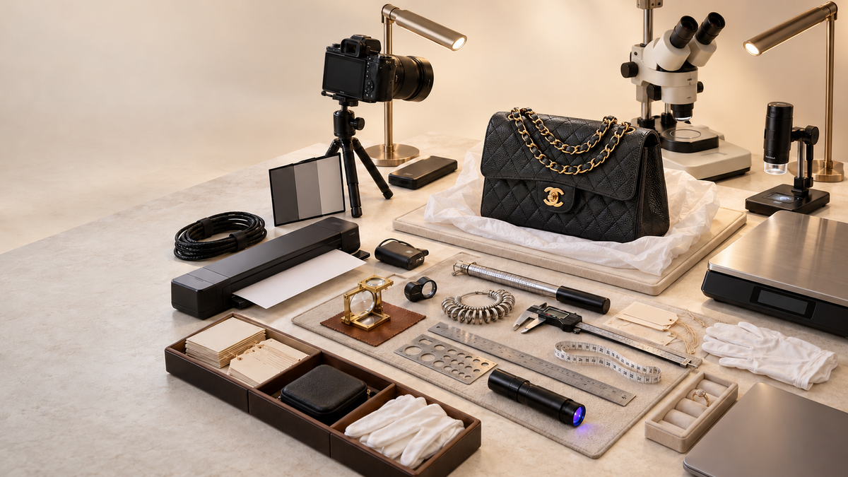 Black quilted handbag on an appraisal workbench with photography and examination equipment