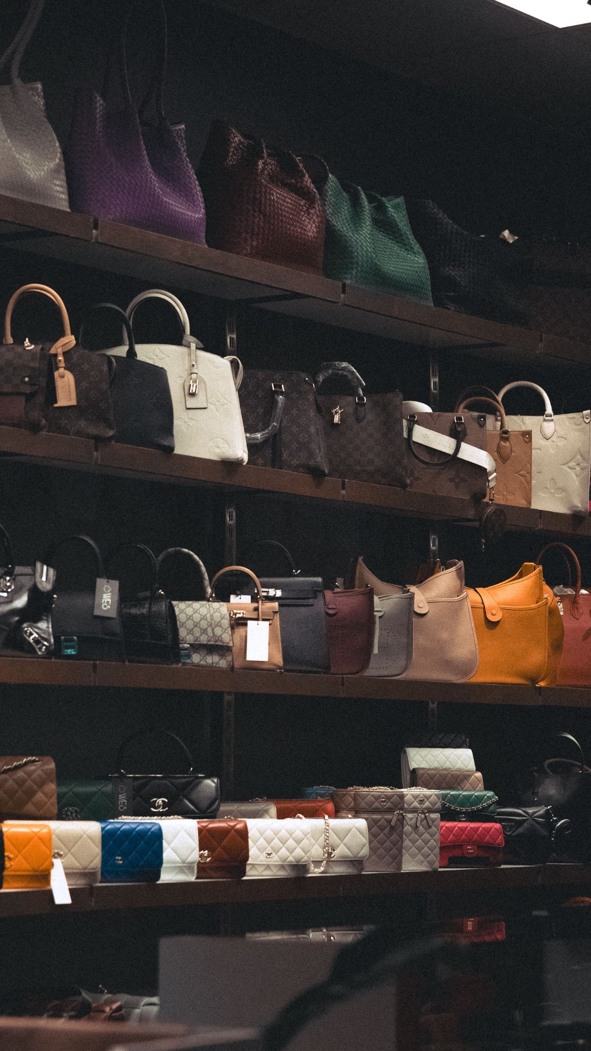 Handbags arranged on display shelves in a boutique