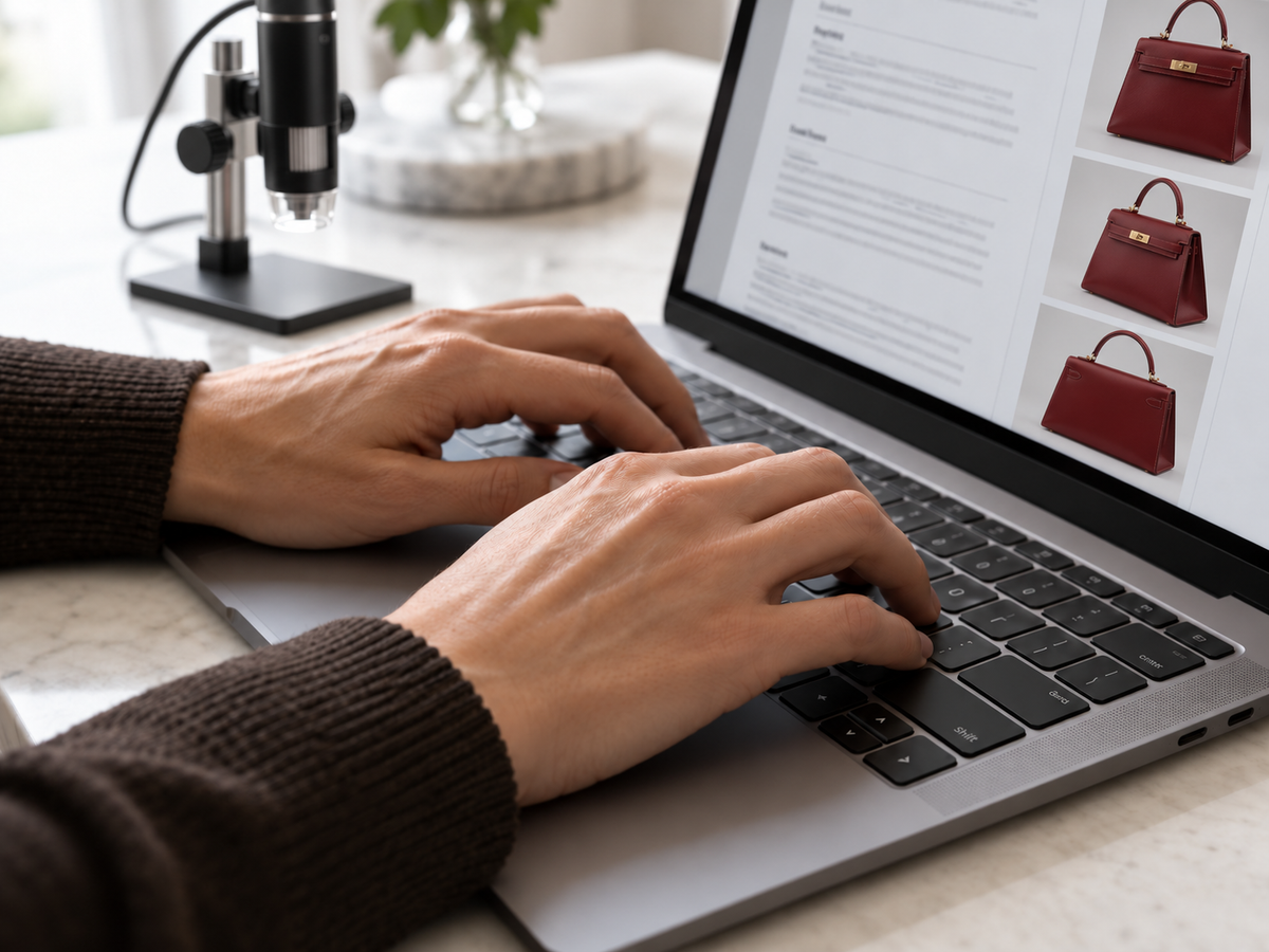 Preparing a condition report with a digital microscope beside a laptop displaying red leather handbag views