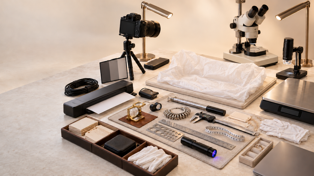 Appraisal examination workspace with an empty tissue-lined tray, camera, microscopes and documentation tools