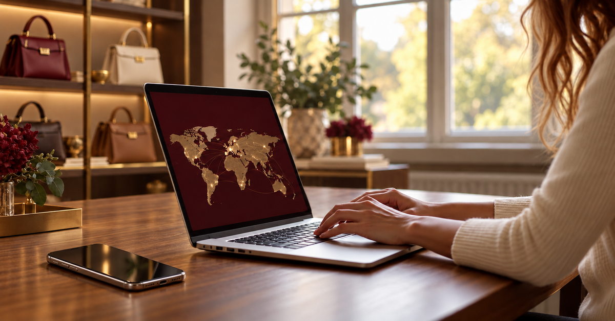 Woman working at a laptop displaying a world map in a handbag boutique