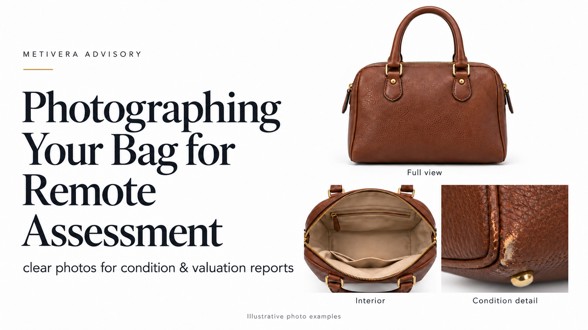 Photographing Your Bag for Remote Assessment: full view, interior and condition detail examples