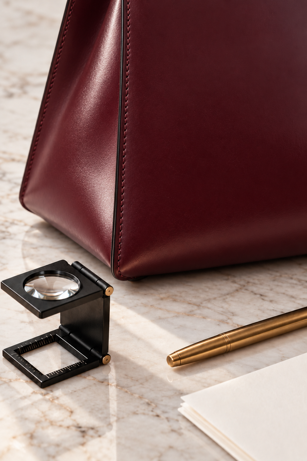 Illustrative Rouge H smooth leather macro with tonal stitching, stitch counter, brass pen and cream paper