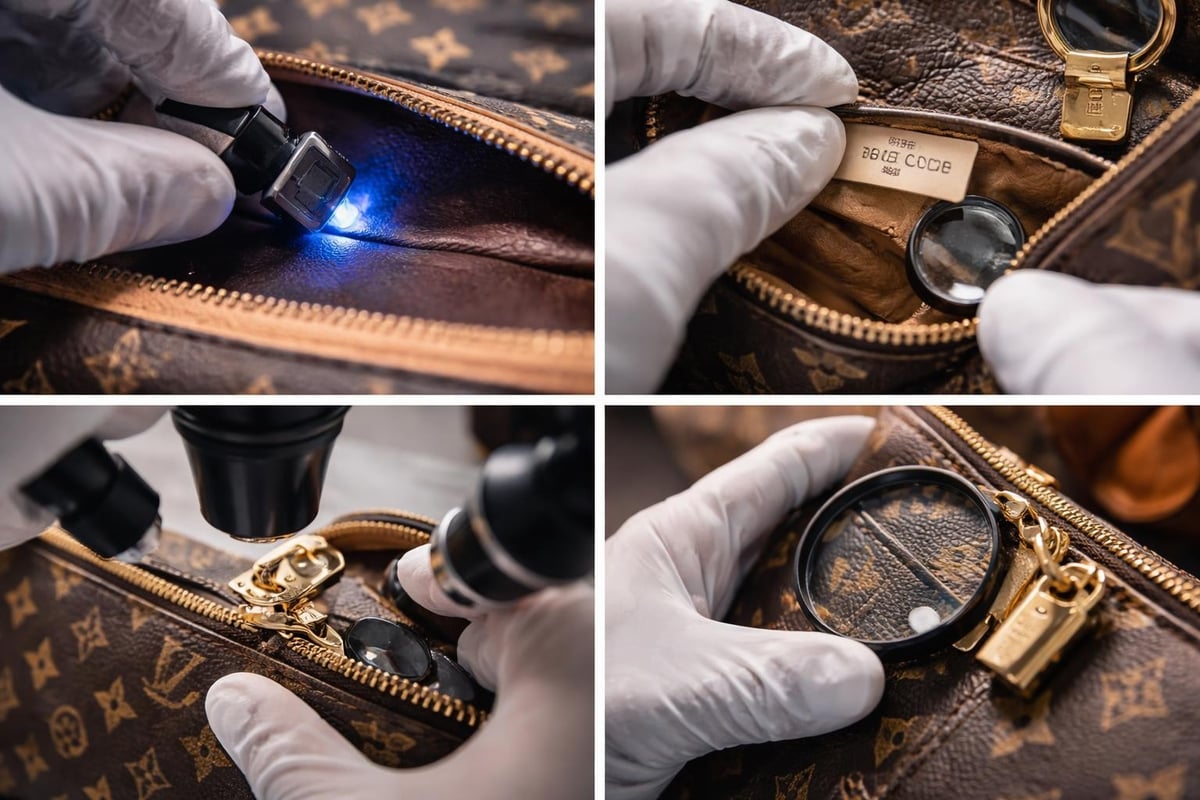 Close-up of gloved hands examining a handbag with an illuminated loupe.