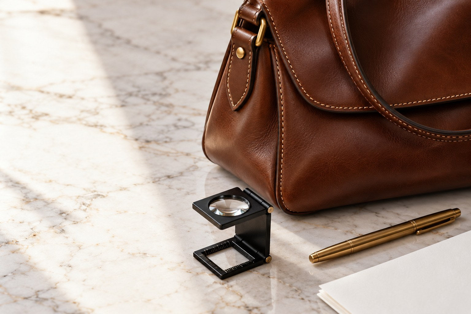 Brown leather handbag and examination tools on a light tabletop